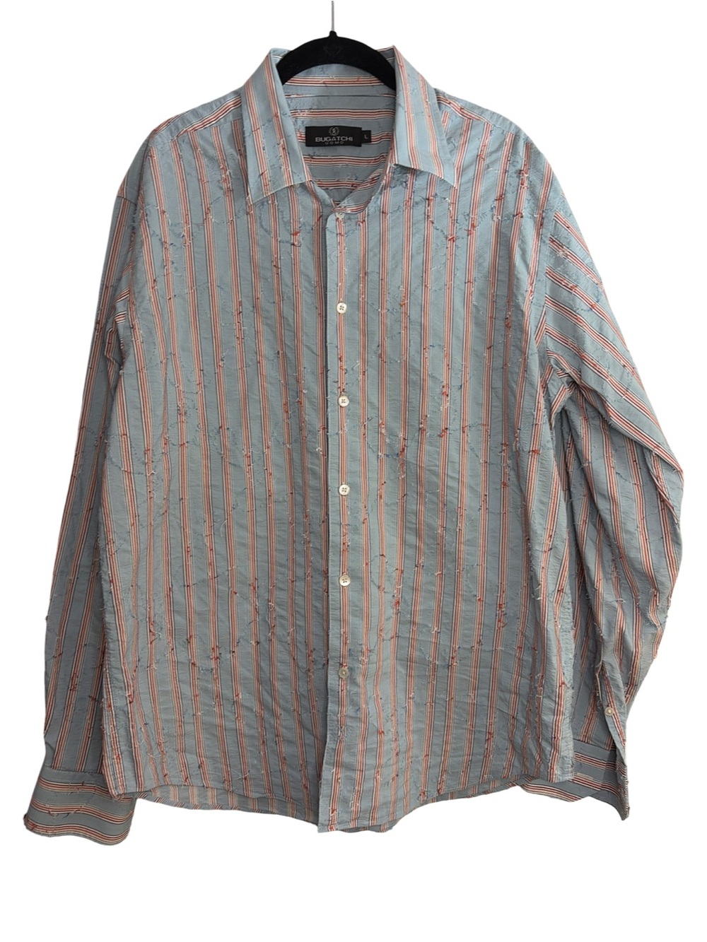 Bugatchi Uomo Textured Cotton  Blue Shirt with Orange Stripe Detailing
